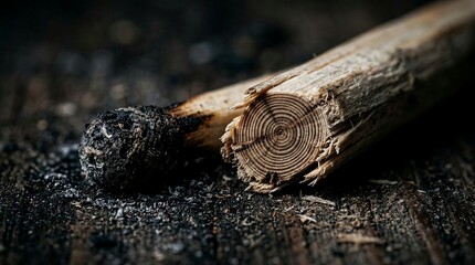 Obraz premium Charred wooden stick with circular rings and dust on dark surface