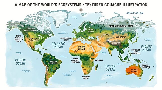 World map of ecosystems and biomes textured gouache illustration for world environment day