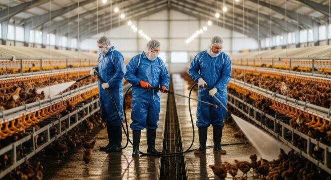 Farm workers in blue hazmat suits sanitizing a broiler chicken farm with spraying equipment
