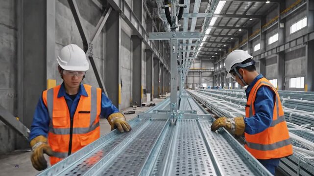Skilled workers in hardhats and vests install metal cable trays to create pathways for electrical infrastructure within a large industrial building.