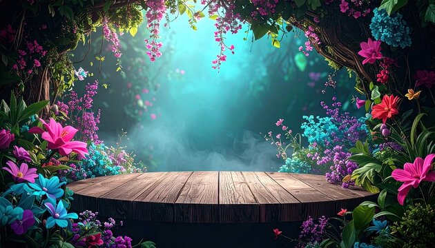 Empty wooden podium stage in a magical, enchanted forest background with glowing light mist and colorful blooming fantasy flowers for product presentation