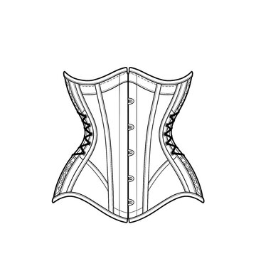 Hand drawn sketch of Victorian underbust corset isolated on white background. Technical fashion illustration.