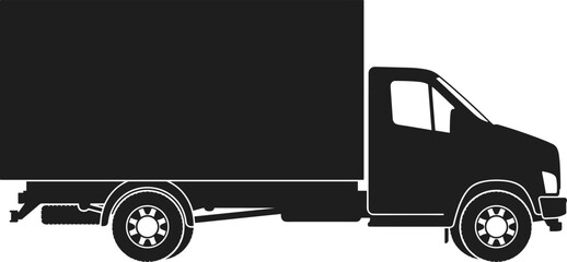 Black silhouette illustration of box truck with large cargo area and cab representing transport vehicle for goods and materials © MDSORMAN