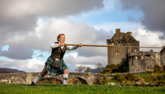 Scottish Highlander performing a traditional caber toss at Eilean Donan Castle.
