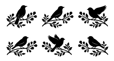 Obraz premium Bird silhouettes on budding branches vector set black decorative nature illustration