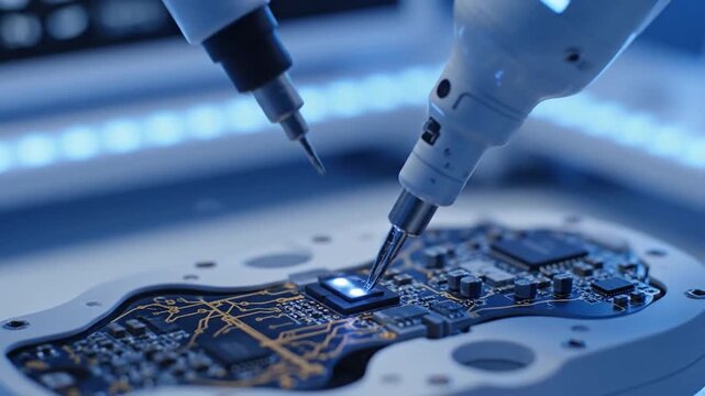 Robotic arms meticulously assemble delicate microchip components on a high-tech circuit board, showcasing advanced manufacturing precision.