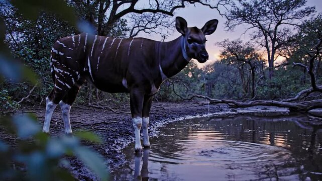 Okapi drinks from muddy waterhole at dusk in a tranquil forest setting, showcasing a rare and peaceful wildlife moment