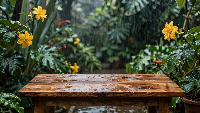 Wet wooden table in rainy tropical garden with yellow flowers product display background