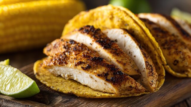 Seasoned sliced poultry fills hard corn shells served alongside citrus wedges and cooked maize