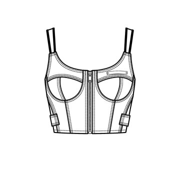 Hand drawn sketch of denim streetwear corset top isolated on white background. Technical fashion illustration.