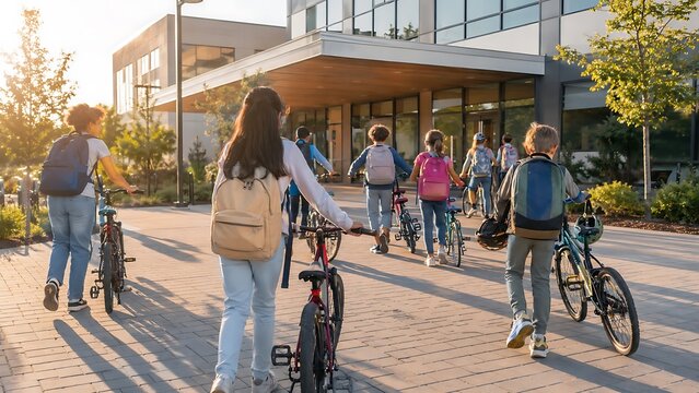 Group of diverse students with backpacks and bicycles walking towards school building on a sunny day.