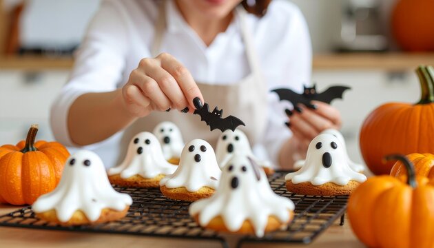 Woman decorating homemade ghost cookies for Halloween party.