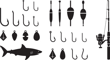 Comprehensive Fishing Tackle, Rod, and Shark Vector Silhouette Collection © Open Expression