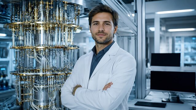 Smiling Male Scientist in Lab Coat Standing Confidently in Front of Quantum Computer.