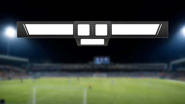 Broadcast scoreboard overlay template with dark UI and blurred night football pitch