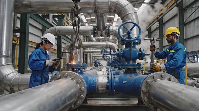 Skilled Workers Install Large Plumbing Pipes in a Busy Industrial Setting, Ensuring Infrastructure Integrity