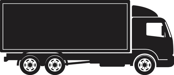 Black silhouette illustration of large box truck with cargo area and cab representing delivery, logistics, and goods transportation vehicle © MDSORMAN