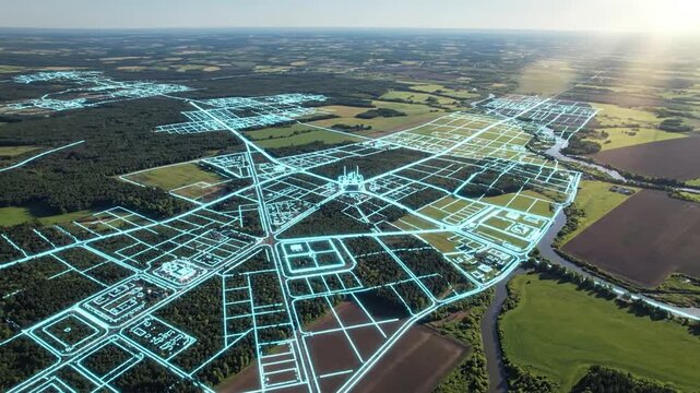 Drone survey visualizes futuristic city planning over lush green landscape with holographic urban grid overlay