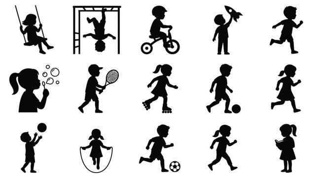 Collection of playful children's silhouette vector illustrations engaged in various outdoor activities