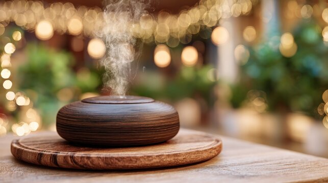 Wooden aromatherapy diffuser emits visible vapor onto a table surface with festive background lighting