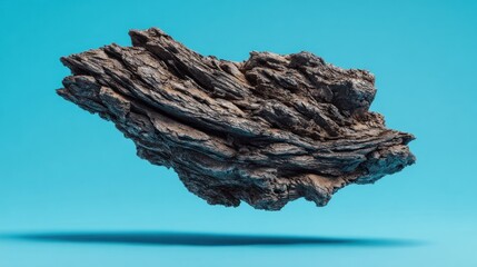 Fototapeta premium Textured, rugged geological fragment hovers against a bright cyan background.