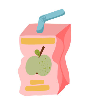 Hand-drawn pink apple juice pouch with blue bendable straw, fruit label, and soft pastel colors isolated on white for beverage and lunchbox themes