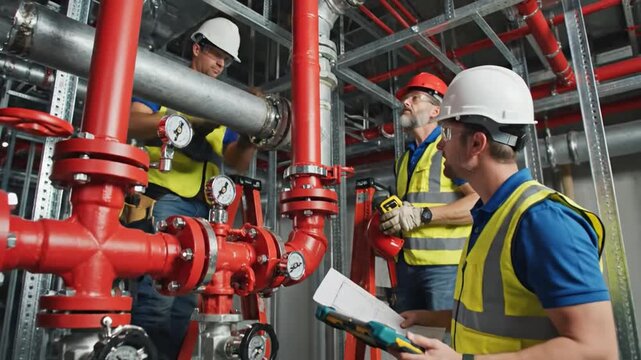 Skilled Workers Installing Intricate Fire Suppression Pipework Systems in Industrial Building