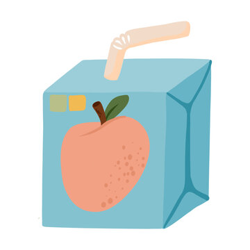 Blue fruit juice carton with peach graphic, bendable straw, and soft hand-drawn style isolated on white for snack, school, and beverage packaging themes