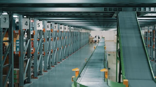 Expansive warehouse aisle with numbered shelving and a roller conveyor inside an automated distribution and fulfillment facility handling storage, sorting, packaging, and shipping