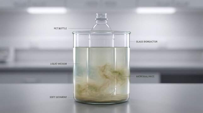 PET bottle in bioreactor vessel during controlled microbial degradation test