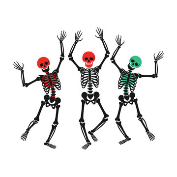 Three dancing skeletons with colorful heads