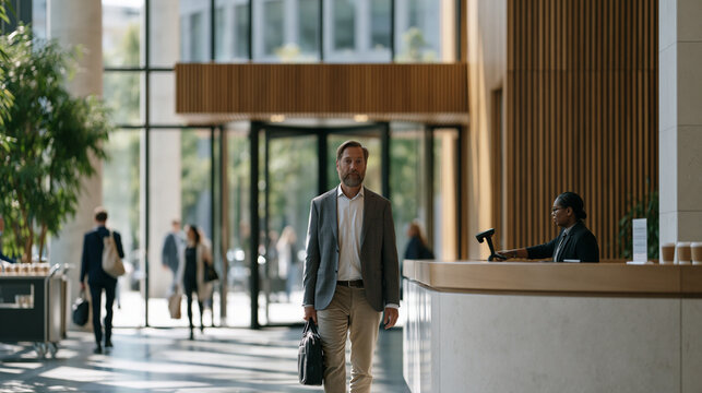 September back-to-routine office building lobby with commuters streaming through revolving doors, briefcases and tote bags, coffee cups from nearby cart, security desk staffed with badge scanner, po