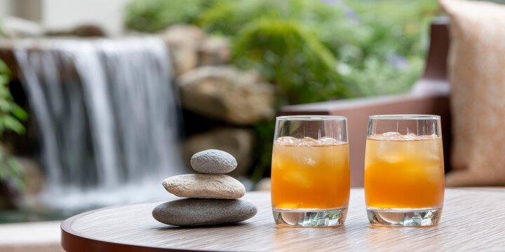 two glasses with iced tea and rocks next to them on the table