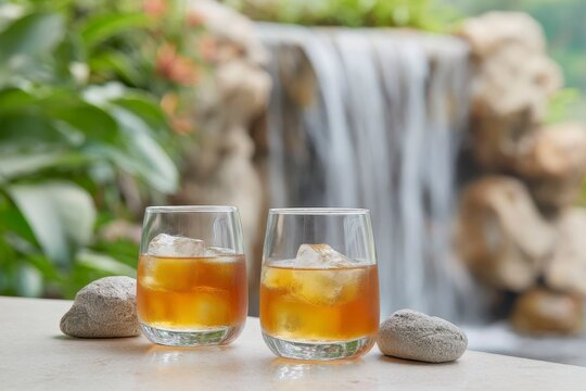 two glasses with iced tea and rocks next to them on the table