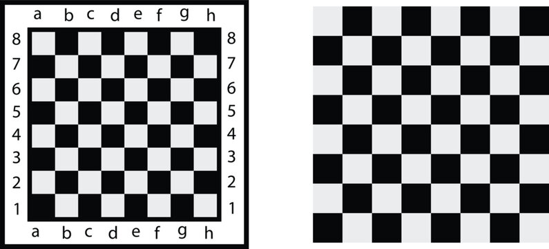 Chessboard icon set with black and white checkerboard squares, 8x8 grid board design with coordinates and plain version, isolated vector illustration for chess game and strategy concept