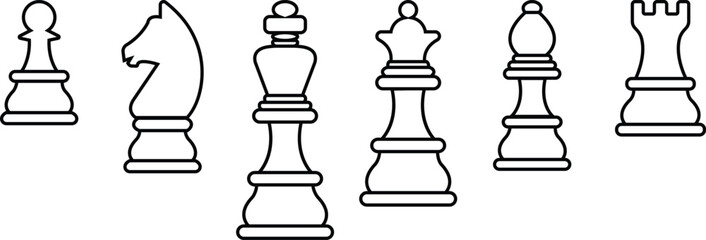Chess pieces icon set collection group with pawn, knight, king, queen, rook, bishop symbols in black silhouette and line outline vector design, strategy game elements isolated on background © Asia