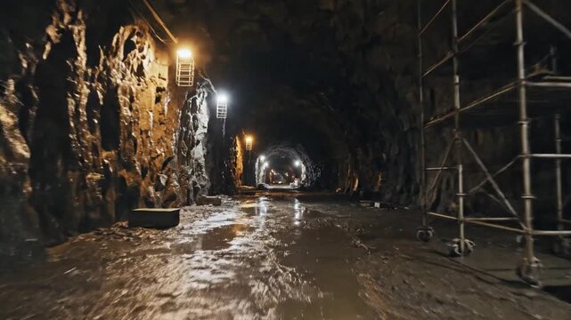 Rough-hewn tunnel walls under construction, dimly lit path with water and scaffolding