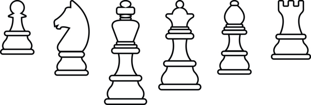 Chess pieces icon set collection group with pawn, knight, king, queen, rook, bishop symbols in black silhouette and line outline vector design, strategy game elements isolated on background