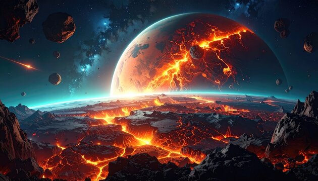 Apocalyptic Planet Earth Engulfed in Lava and Cosmic Cataclysm.