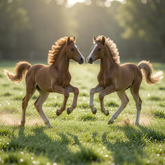 Fototapeta premium Two foals playfully chasing each other in a dewy green pasture, energetic poses, sunlit highlights.