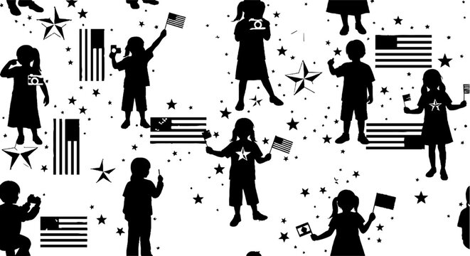 Children celebrating with flags and stars silhouette pattern