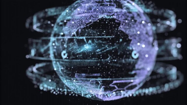 Abstract 3D render of a glowing digital globe with hexagonal grid and data particles. Sci fi technology background for global network and cybersecurity concepts.