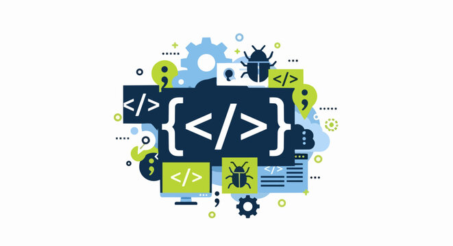 Software Development and Programming Concept Illustration with Code Symbols, Debugging Icons, and Web Design Elements
