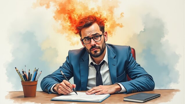 Male office worker with glasses in a blue suit sitting at a desk, writing notes with a pencil, surrounded by a cloud of colorful smoke and a pot of pens