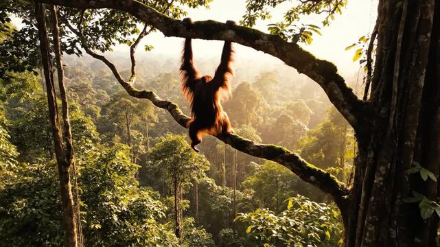 Orangutan swings gracefully through the lush canopy of the Borneo rainforest at sunrise.