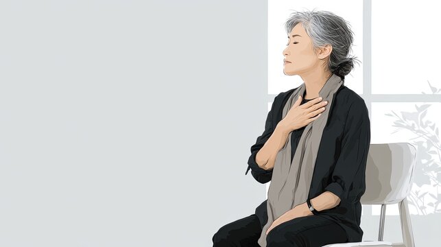 black and silver vov hair style A 50s middle-aged Korean woman in casual clothes sitting in a chair, pressing her chest with her hand while struggling to breathe,