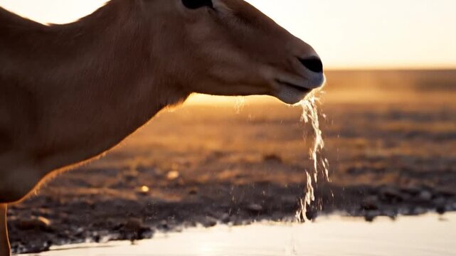 Saiga Antelope Pauses Its Arduous Migration to Drink Water During a Golden Sunset