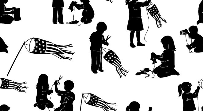 Kids crafting patriotic windsocks and kites silhouette