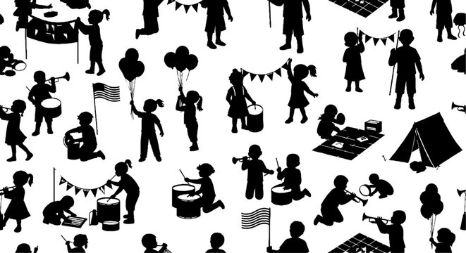 Joyful children in patriotic parade with instruments and balloons