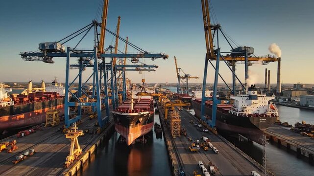 Massive gantry cranes loom over large cargo ships in a bustling industrial port at sunset